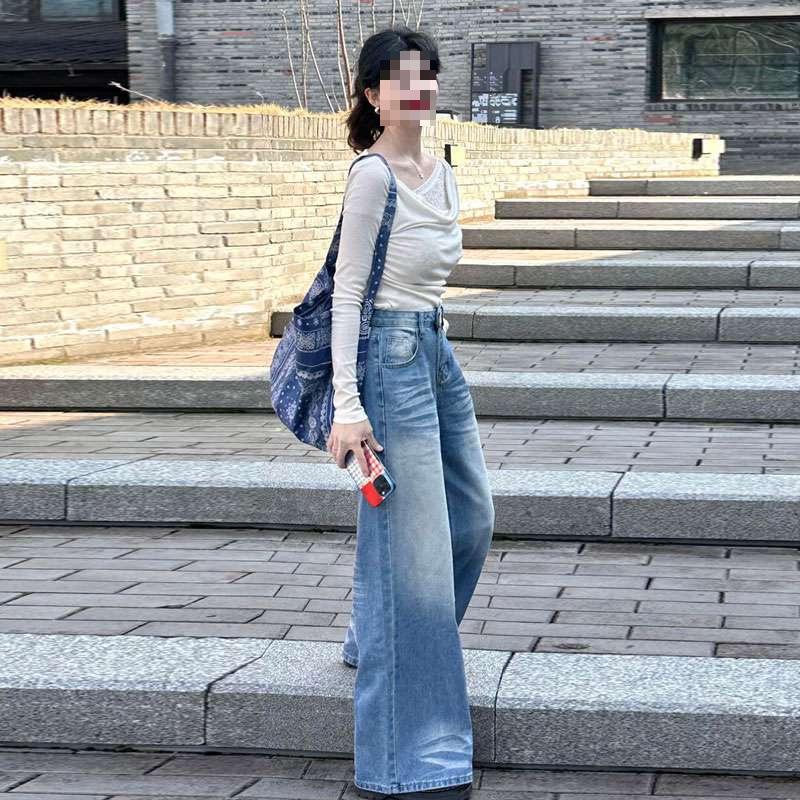 

Women s High-Waisted Wide-Leg Blue Jeans: Autumn Fit, Spicy Girl Style, Loose Slimming Draped, Floor-Length, Versatile & Straight-Legged 4XL синій