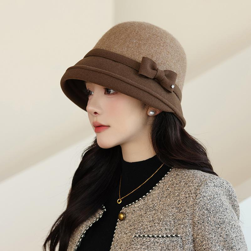 New Woolen Top Hat Bucket Hat Women's Retro Bow Fisherman Hat Autumn and Winter Elegant Basin Hat