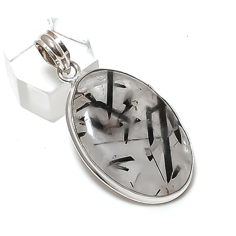 Black Rutile Gemstone Handmade 925 Sterling Silver Jewelry Pendant 1.97" E3L49