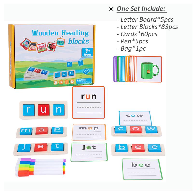 CVC Letter Spelling Block Flash Cards Game English Words Early Learning Educational Puzzle Game for Kids Montessori Wood Toy