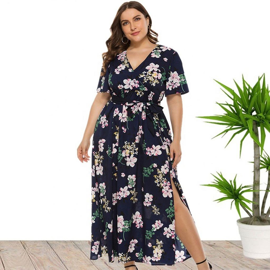 Women Plus Size Print Shourt Sleeve Fashion V-Neck Knee Length Dress
