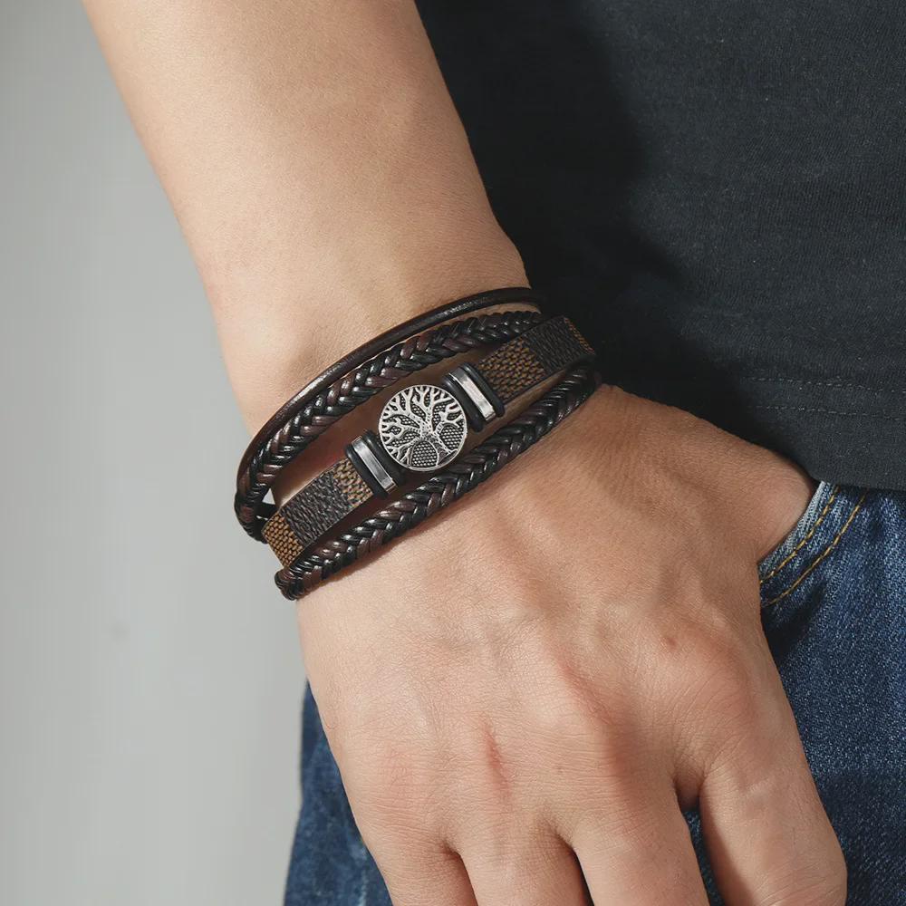 Men Punk Style Braided Leather Rope Bracelet Tree of Life Charm Punk Style Multi-layer Wristband Personalized Handmade