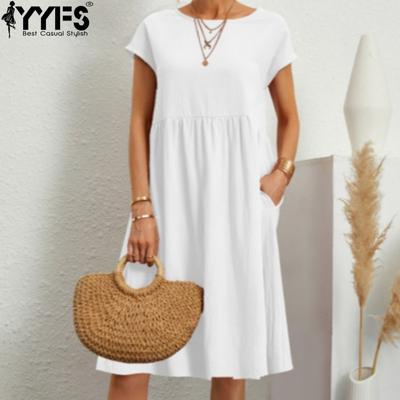 Moda de mujer Verano Primavera Color sólido Impresión Manga corta O-Cuello Cintura suelta Vestidos casuales
