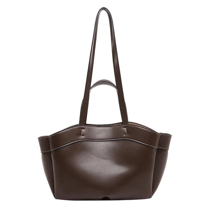 Brand Women's Shoulder Bag, Brown Retro-style Fashion Tote Bag New Luxury Designer Shoulder Bag Shiny Leather Large Bucket Bag