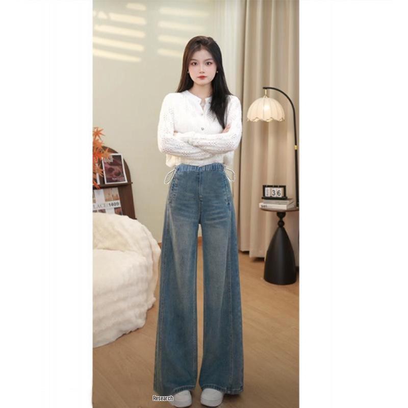 High-Waisted Maternity Wide-Leg Jeans - Drawstring, Floor-Length, Slimming, 2026 Spring/Summer Collection 2XL