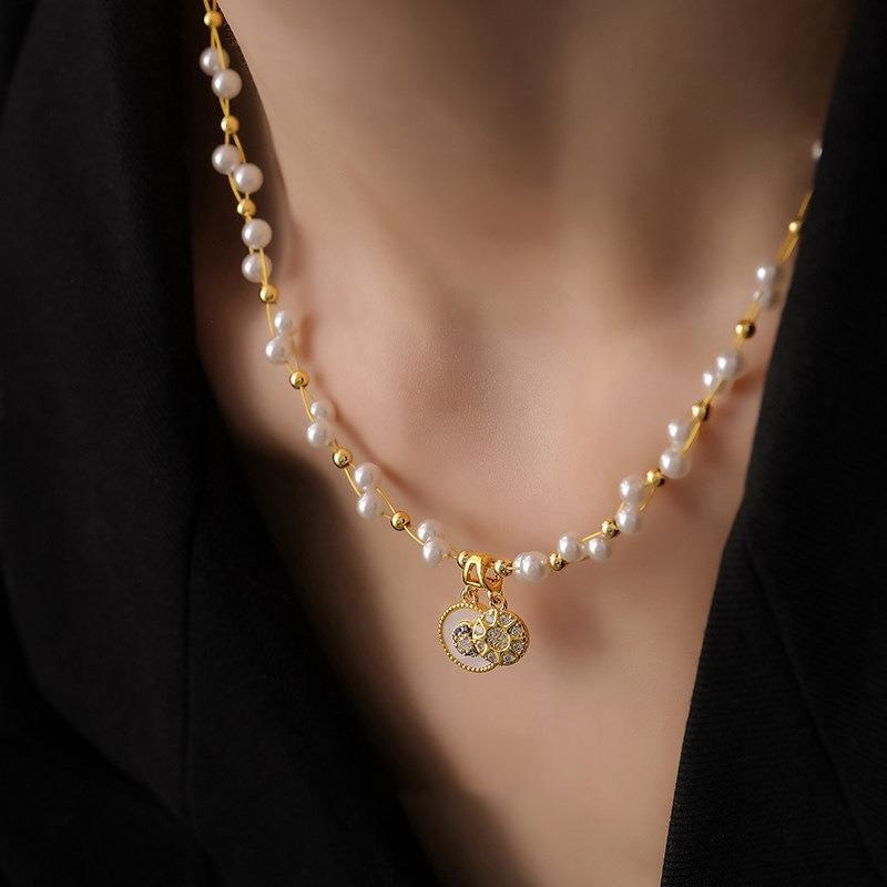 Real Gold Electroplated Zircon Octagram Pearl Necklace Retro Elegance Temperament Versatile Collarbone Chain Light Luxury Niche Jewelry