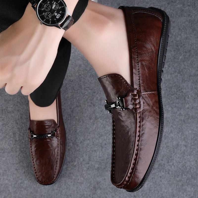 Fashion Luxury Brand Brown Loafers Genuine Leather Mens Business Formal Shoes Comfortable Casual Shoes Driving Footwear Breathable Mens