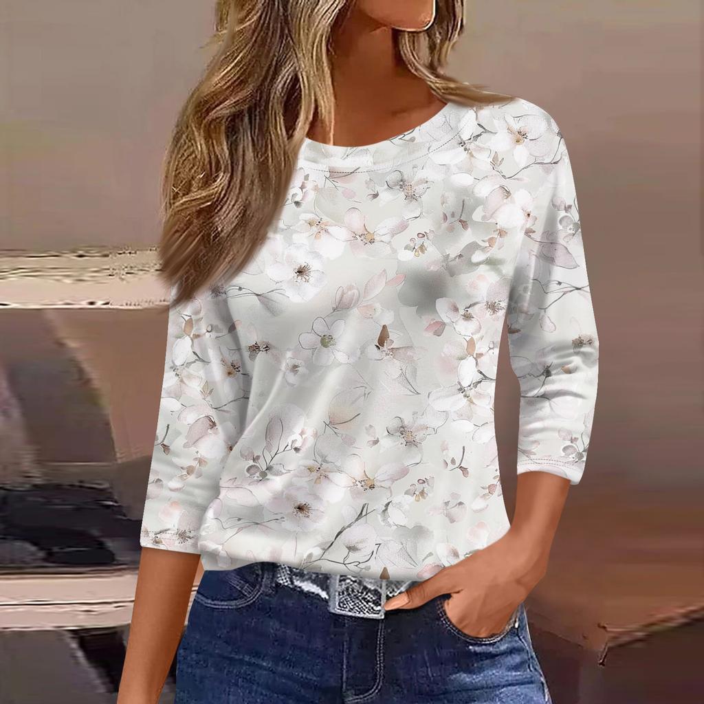 Women's Three-Quarter Sleeve Shirt, Round Neck, Loose Fit, Casual Shirt, Floral Print T-Shirt, Summer