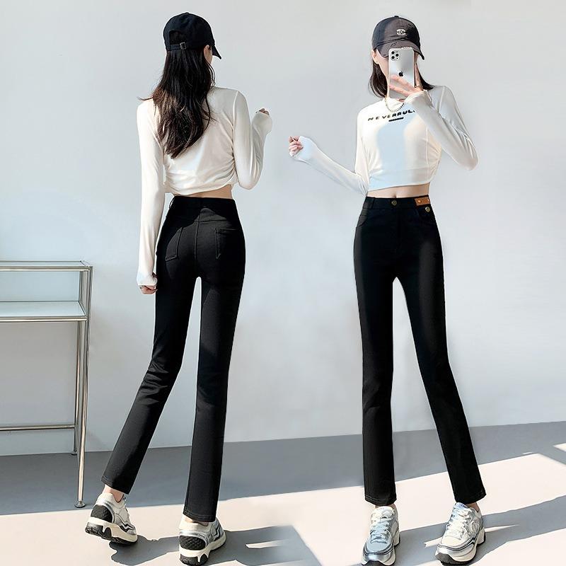 Black straight jeans women's new high-waisted and thin retro design nine-point small pipe pants