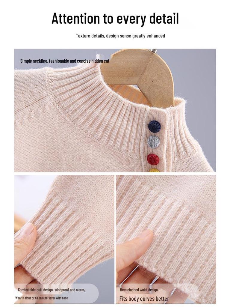 Girls' Fashionable Knitted Half-High Neck Sweater - Autumn/Winter Style, Thickened Base Top for Medium and Large Children