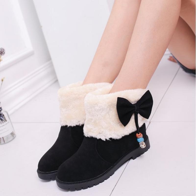 Cizme de zăpadă de iarnă pentru damă, cu cap rotund, fund plat, fundă, tub scurt, catifea, ghete calde de damă