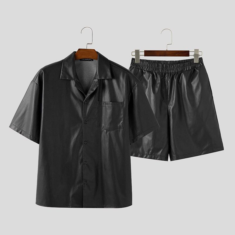 

INCERUN Two Pieces Men Summer Lapel Short Sleeve Smooth PU Leather Shirts Shorts Casual Sets 4XL чорний