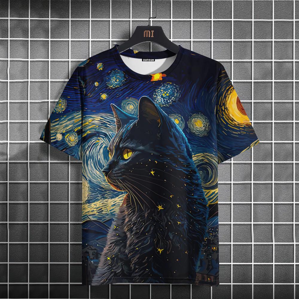 Oil Painting Cat Pattern T-shirt Short-sleeved Top