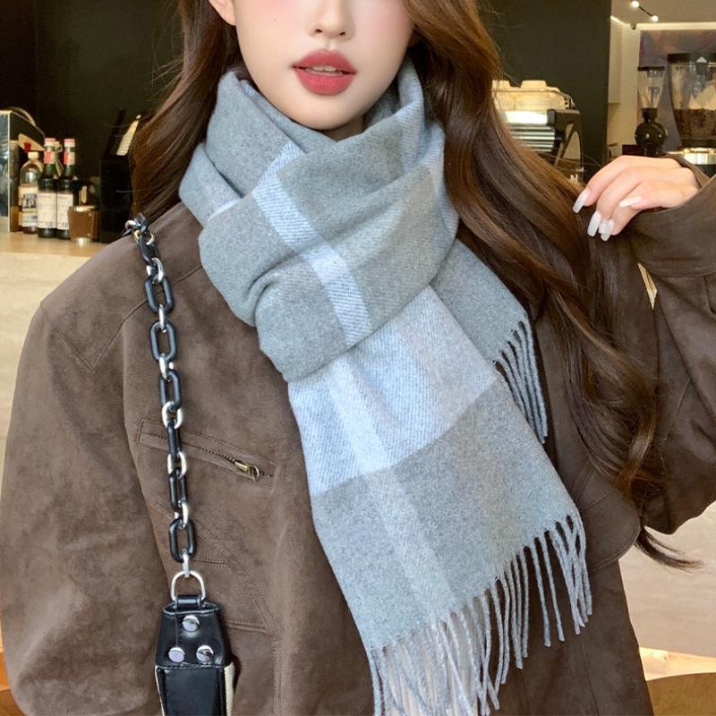 Luxury Autumn Winter Korean Plaid Scarf Women Thickening Warm Tassel Shawl Cashmere Muffler Fashion Designer Scarves