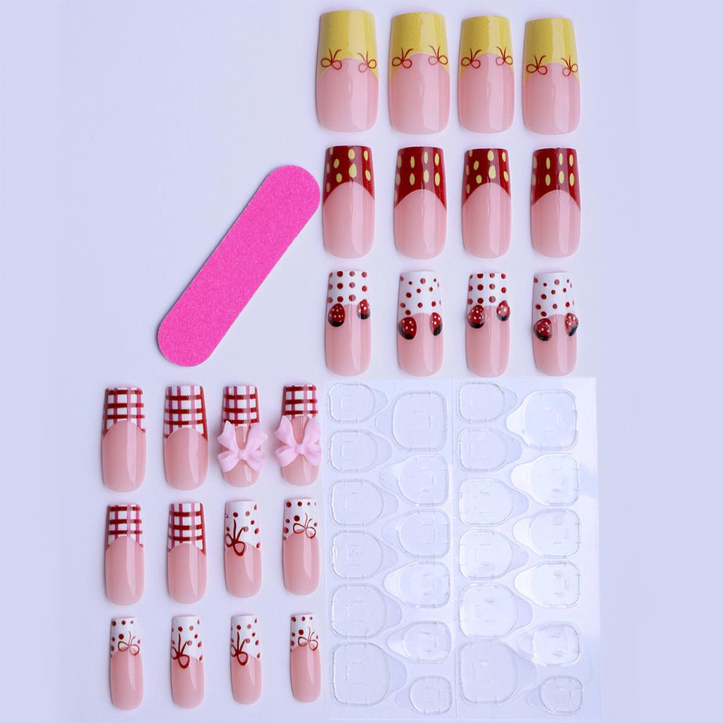 24 pieces of medium-long square press-on nails with red plaid and 3D strawberry designs in red and yellow, direct sale