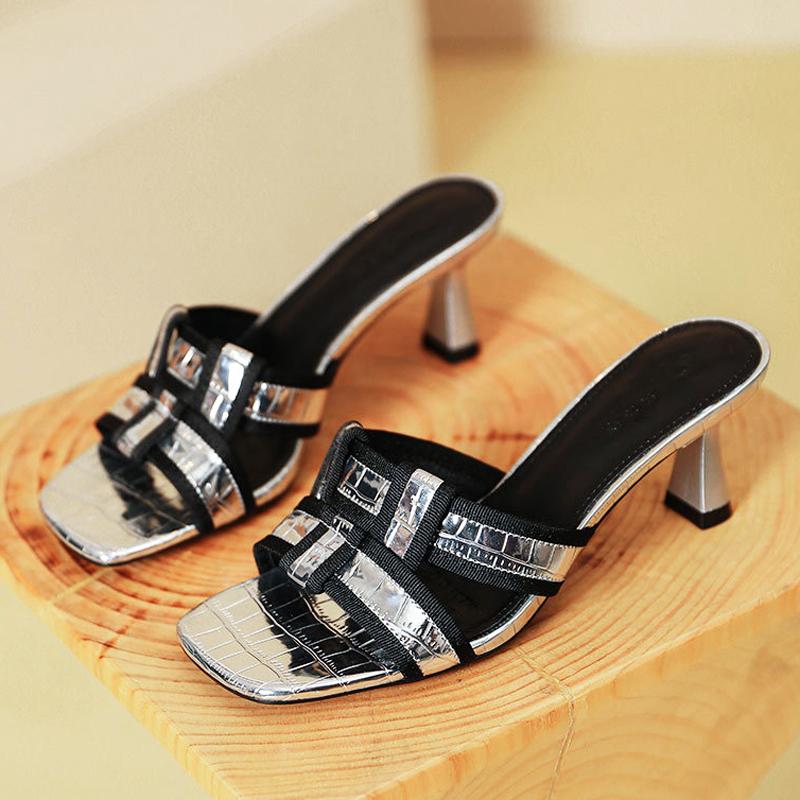 

Fashion 2025 Gold/Silver Crocodile Slippers Woman Knitted Band Open Toe Sandals Wedges High Heels Shoes Ladies Party Slides Flipflops 34 серебряный