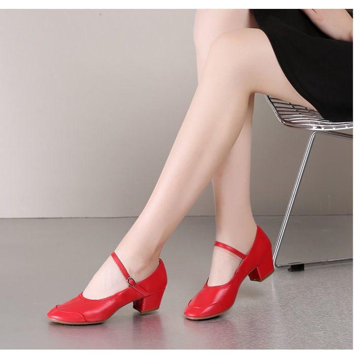 Medium heel dance shoes women's four-season adult red dance shoes silver soft-soled performance square dance shoes women's single shoes