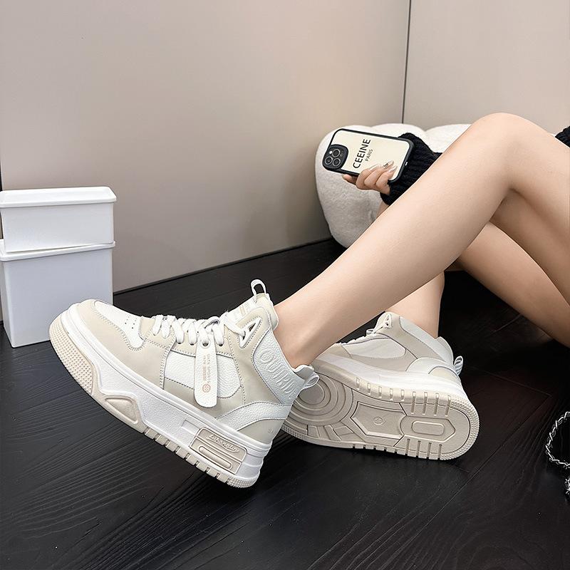 High-top women's leather platform casual board shoes autumn and winter new velvet thermal sneakers