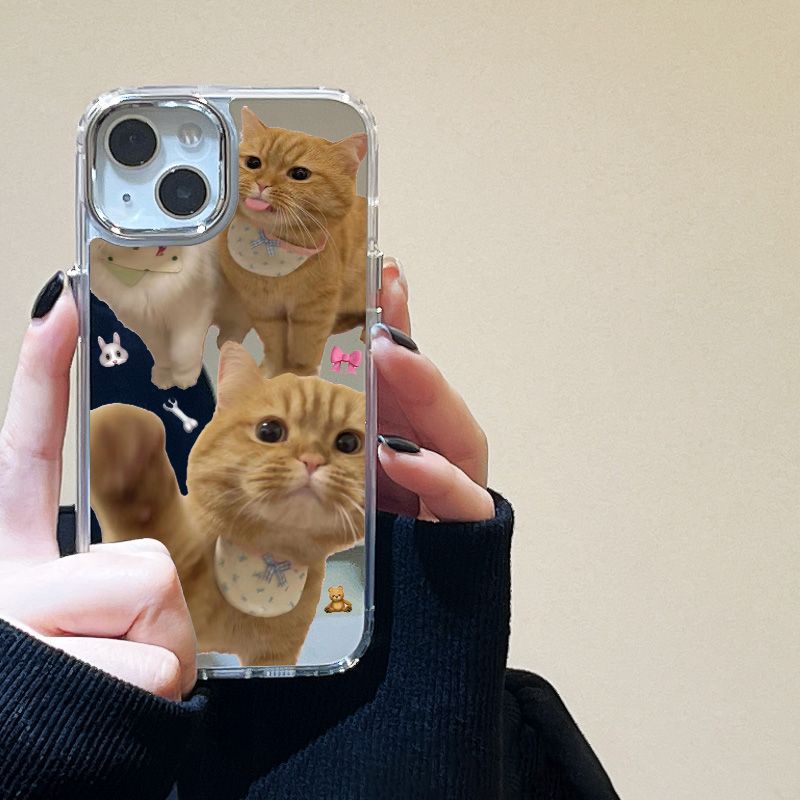 Naughty Cat Cute Pet Suitable for iPhone17 Mirror Mobile Phone Case 16pro Electroplating Button X Apple 14 All-inclusive 15