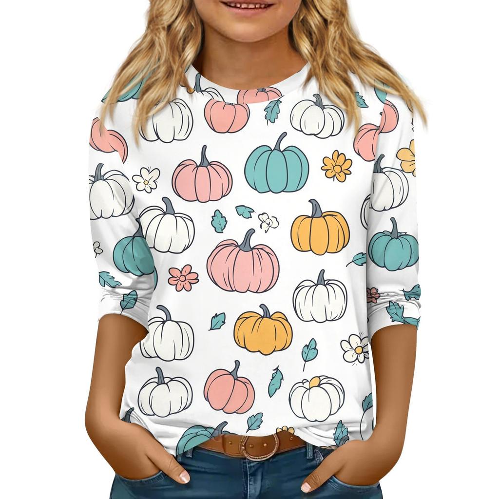 Kinder 3/4 Ärmel Tops Casual Print T-Shirt Rundhals Pullover Bluse