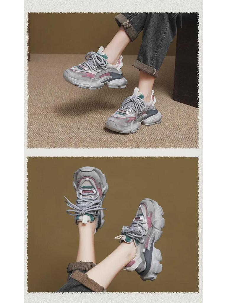 2024 Women's Genuine Leather Thick-Soled Dad Shoes: New Color Matching, Versatile Casual Sports Sneakers for Autumn