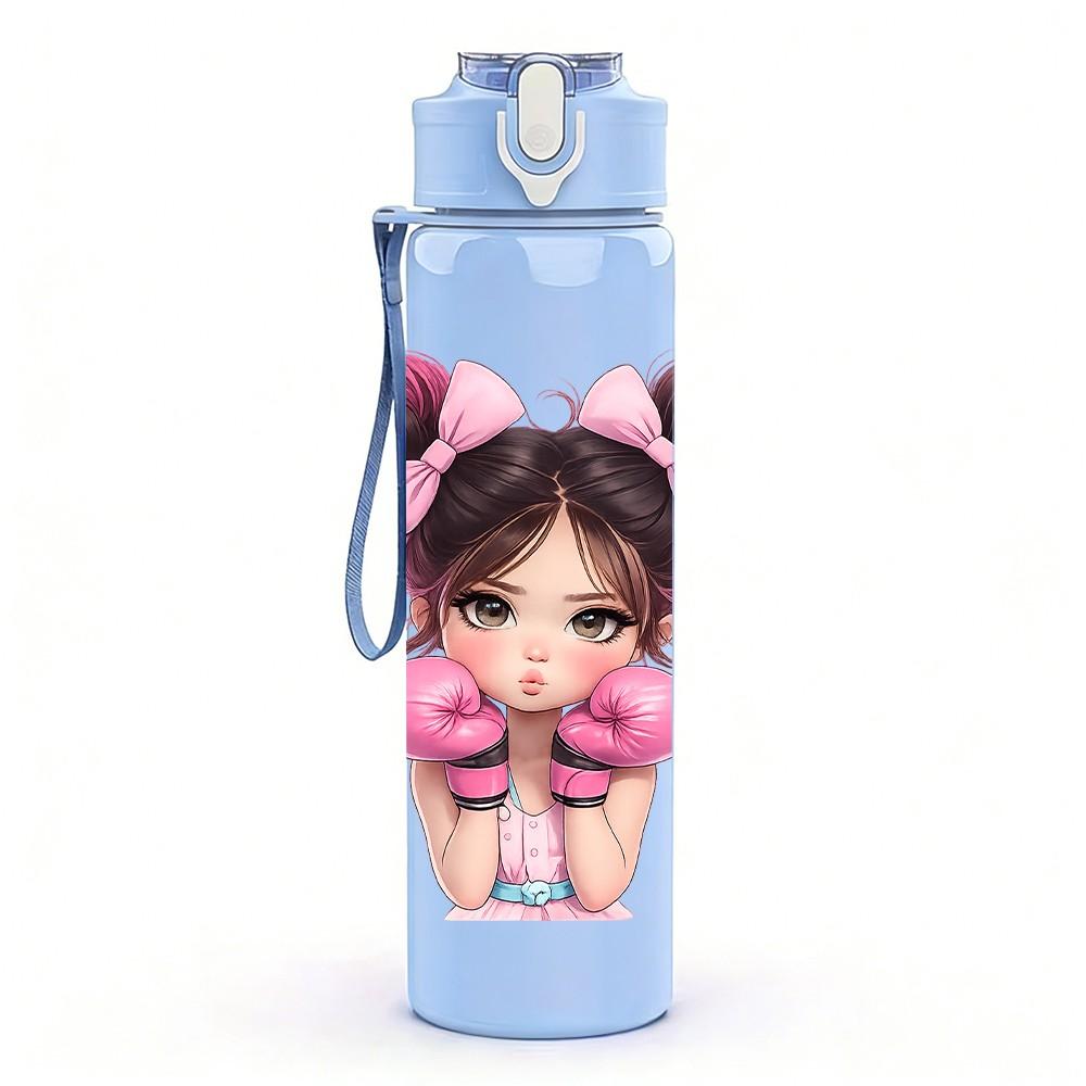 1PC Cute Girl Two Ponytails Portrait Print 750ml Color Plastic Sports Water Bottle Leakproof Flip Straw Lid Suitable for Sports Office Home Use