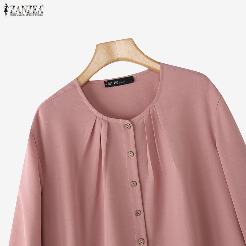 ZANZEA Blusa Casual da Donna a Girocollo a Maniche Lunghe e Ampia a Tinta Unita