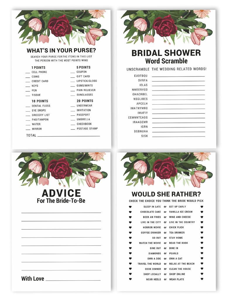 Inkdotpot Bachelorette Party Games Set Bundle Floral Greenery Of 4(50 Sheets Each) W Miss To Mrs Gold Banner Fun Bridal Shower Games