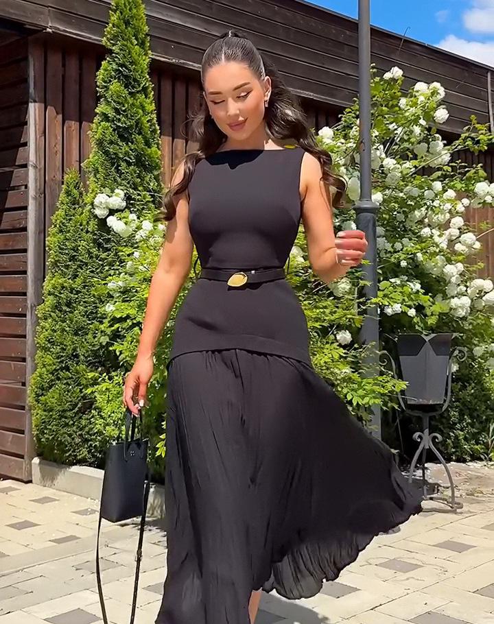 

Летнее платье без рукавов с плиссировкой для европейских и американских женщин 2025 – Однотонное, с акцентом на талии XXL чёрный