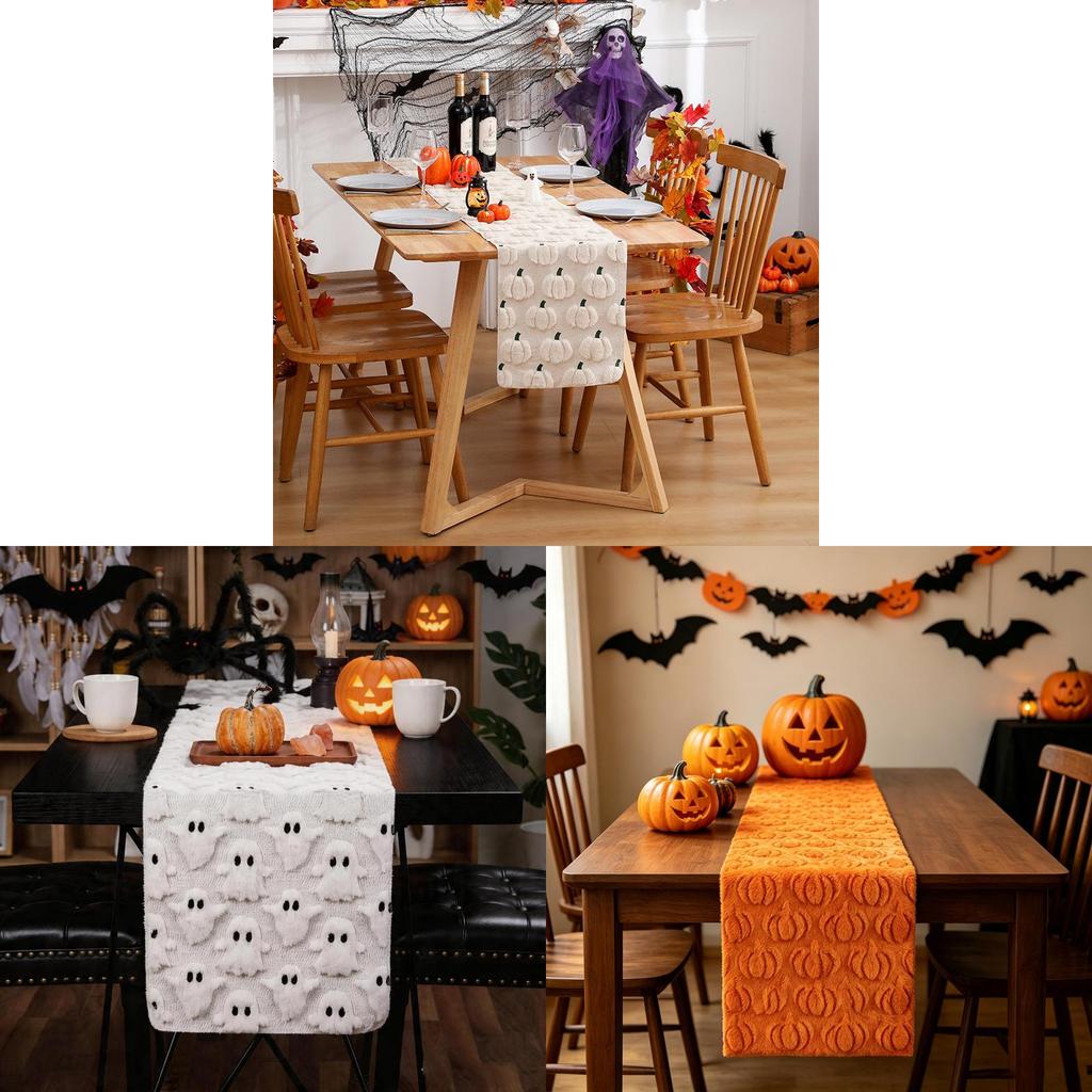 Polyester Halloween Table Runner With Embroidered Ghosts And Pumpkins For Party Decor