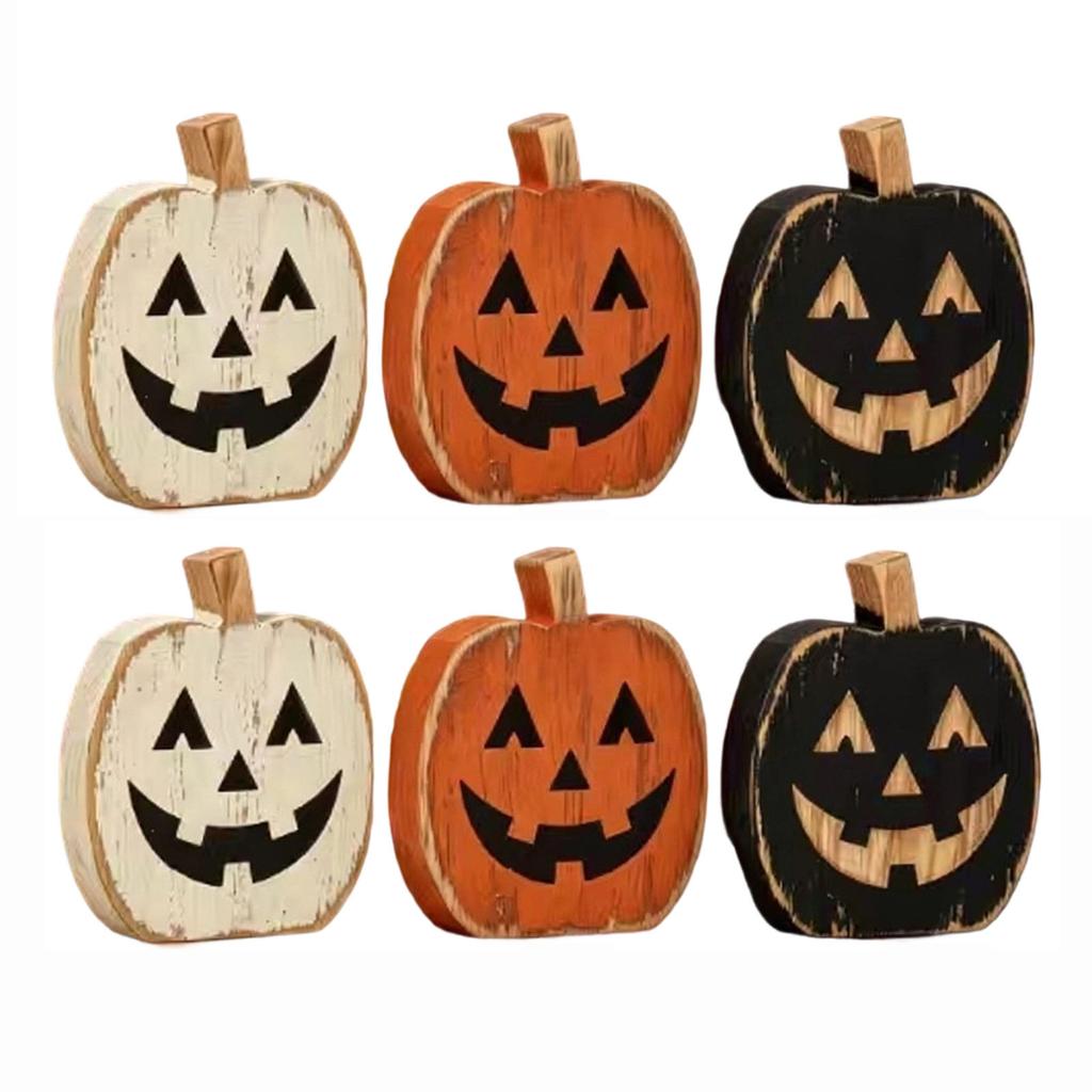 Halloween Wooden Pumpkin Decorations Set of 6 - Rustic Tabletop Centerpiece for Fall Mantel Shelf Party