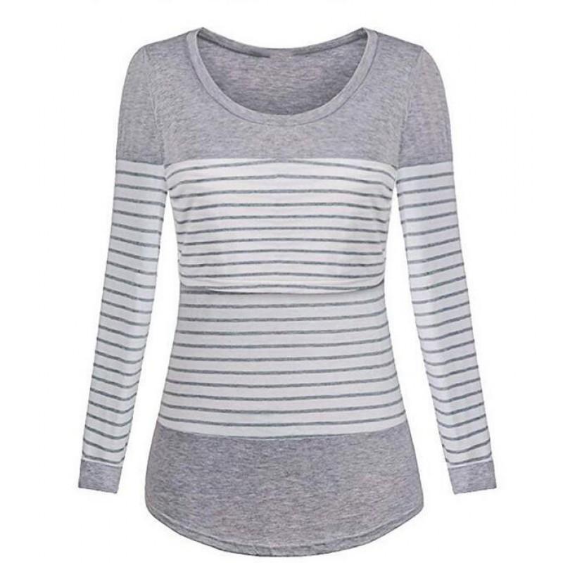 Womens Postpartum Nursing Top Striped Loose Long Sleeve T-Shirt Maternity Breastfeeding