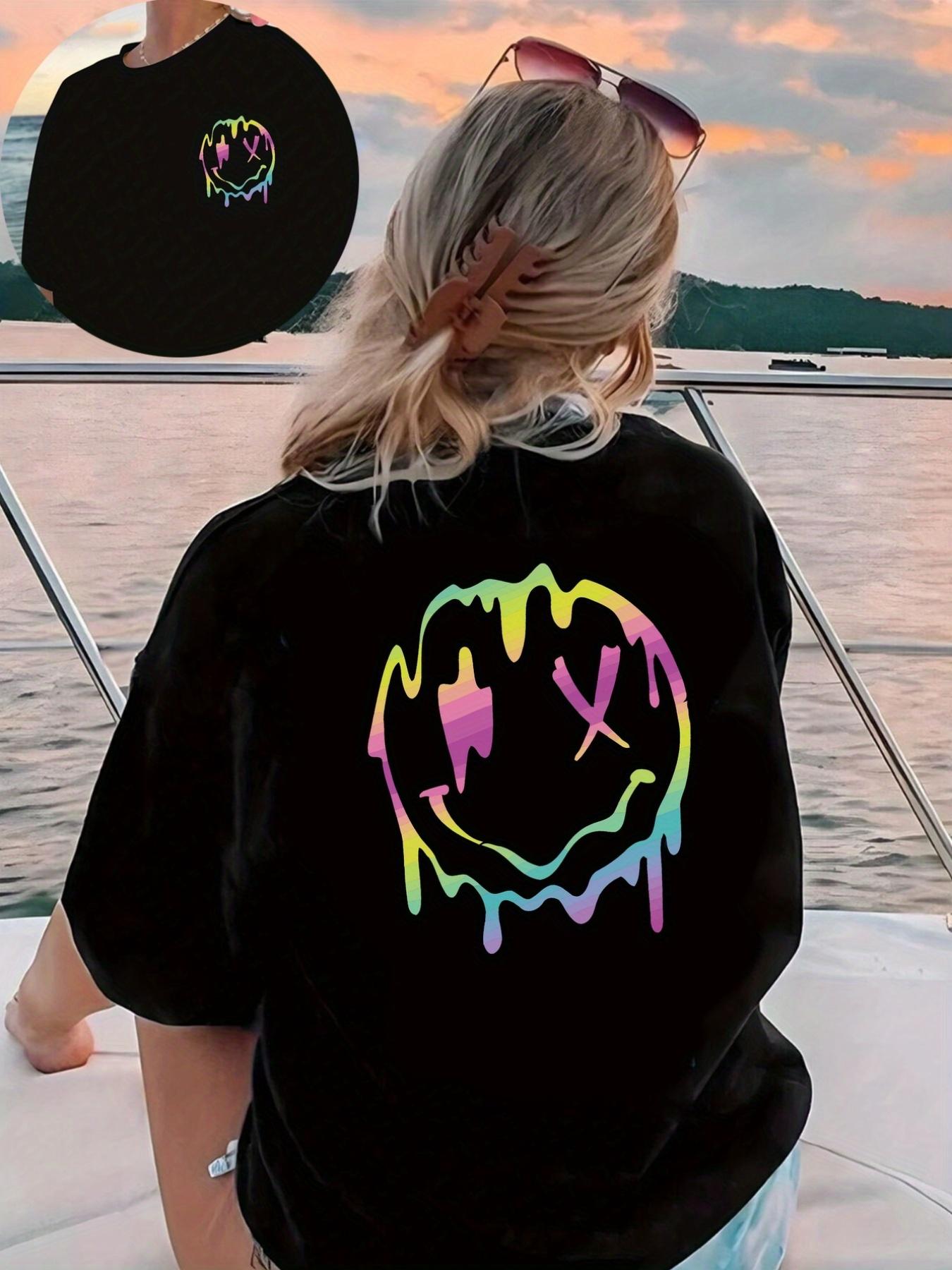 

Womens Black Gradient Joyful Face Back Print TShirt Front Back Graphic Casual Round Neck Short Sleeve Top S