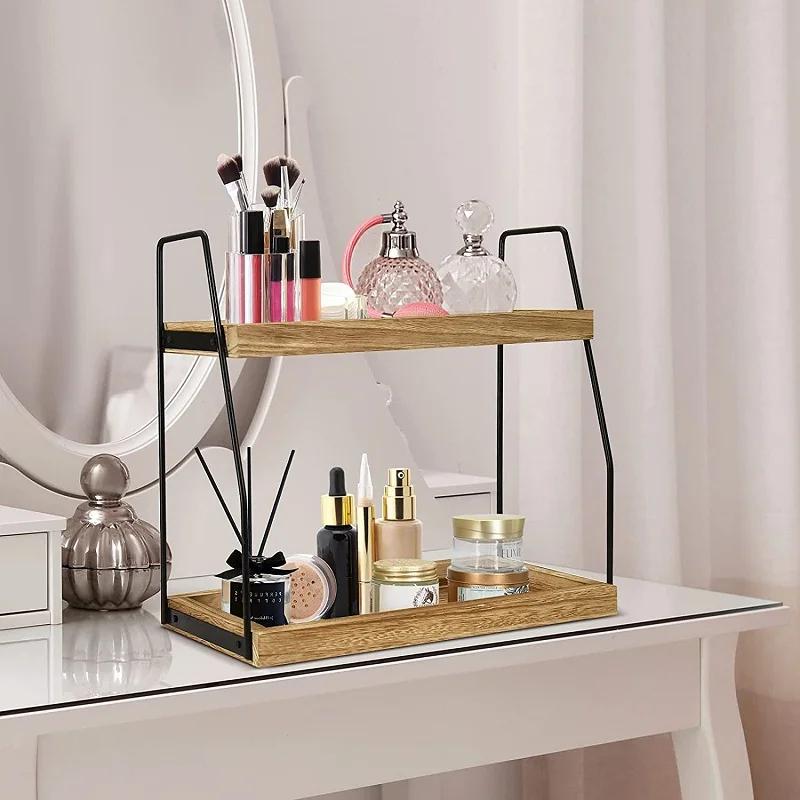 2 Tier Coffee Station Storage Organizer Wooden Spice Rack For Home Office Kitchen Counter Shelf Bathroom Makeup Storage Holder