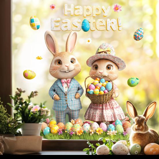 Påskfönsterdekal Söt Kanin Vildblommor Ägg Fjäril Klistermärke Återanvändbar Dubbelsidig Statisk Fönsterklistermärken för Glasdörrar Väggar Barnrum Vår