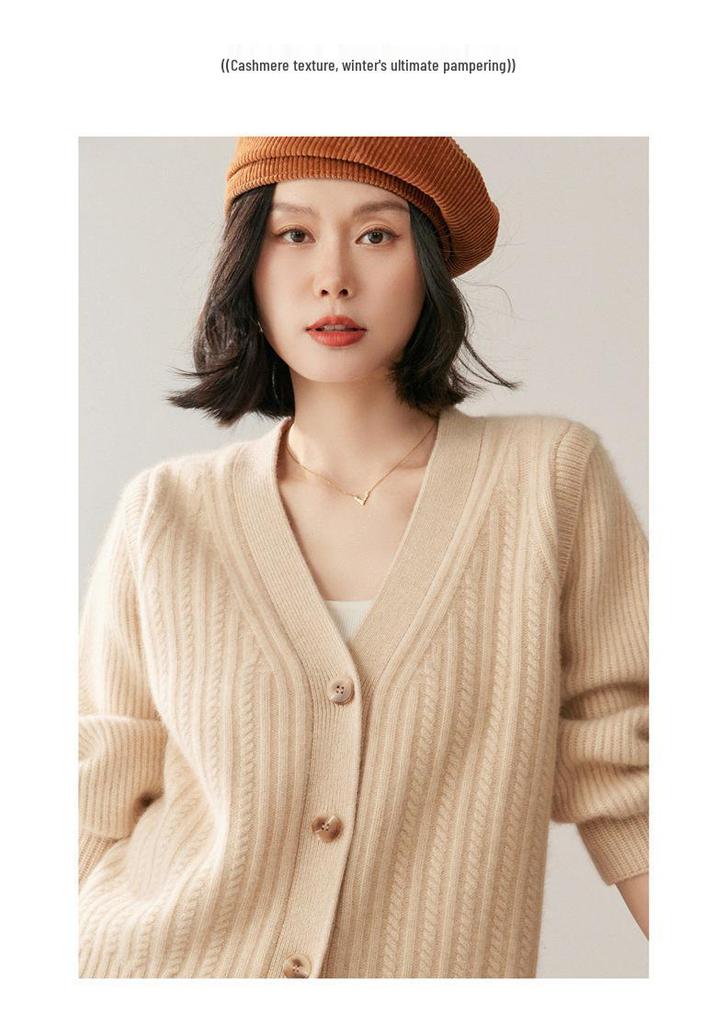 Women's V-Neck Cashmere Cardigan - 2025 Fall/Winter: Ribbed, Gentle, Slimming, Loose-Fit Short Jacket
