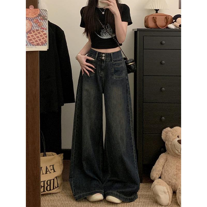 American retro design wide-leg jeans women's summer high-waisted large-size loose and thin floor-mopping straight-leg pants