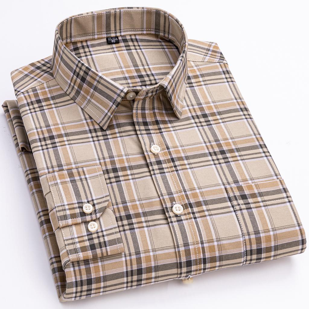 Men's Oxford Shirts Long Sleeve 100% Cotton Casual Plaid Soft Regular Fit Formal Dress Shirt Social Blouse Male Clothes 6XL 7XL