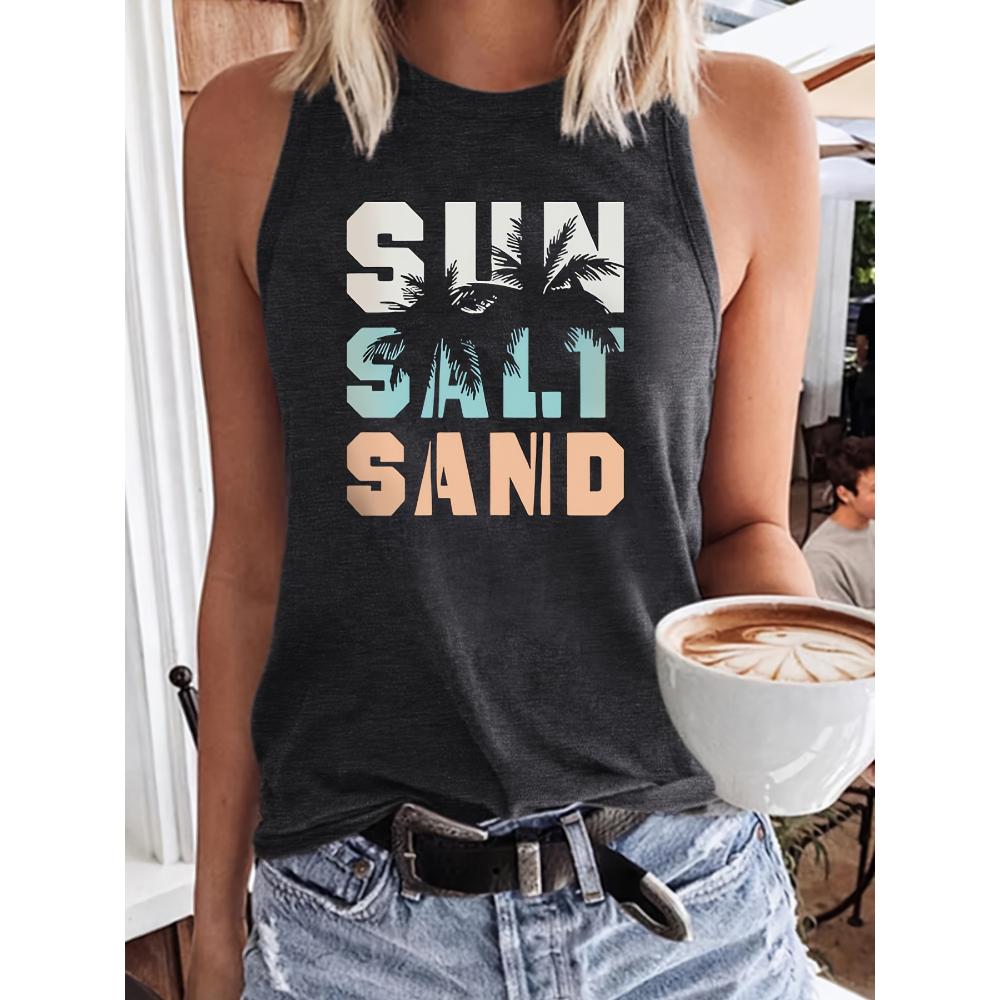 

Свободная повседневная летняя женская футболка, футболка без рукавов, с принтом в виде надписи «песок и солнце», круглый вырез 4XL