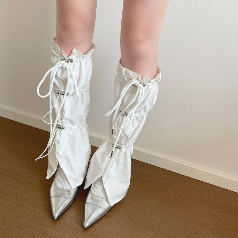 Women Harajuku Leg Warmer with Adjustable Drawstring Punk Flared Long Socks Grunge Baggy Loose Foot Cover Streetwear