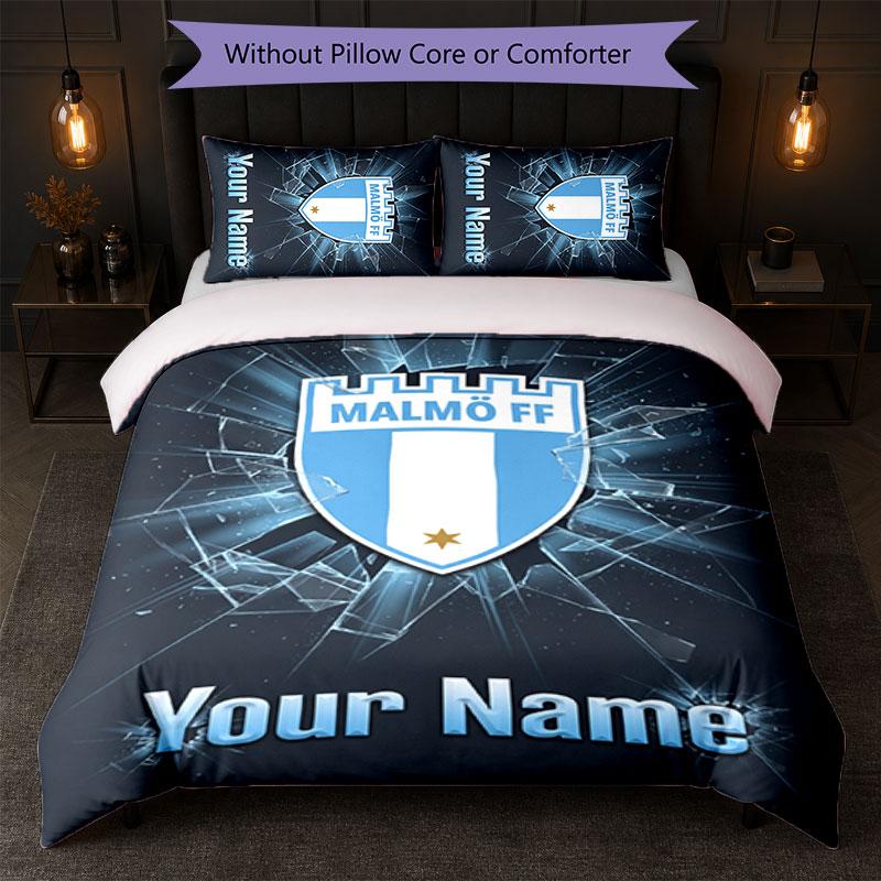 Malmö FF Custom Name Text Bedding Set 1 Duvet Cover+2 Pillowcases Soccer Logo Personalized Gift For Special Occasion Bedroom Decor