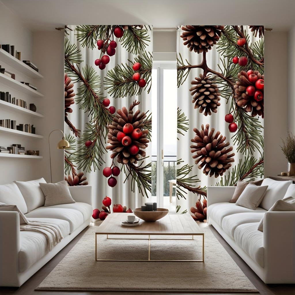 Contemporary Christmas Pinecone Berry Curtains Semi Transparent Style Bedroom Living Room Decor Set Of 2 Made Polyester Machine Washable Sitting