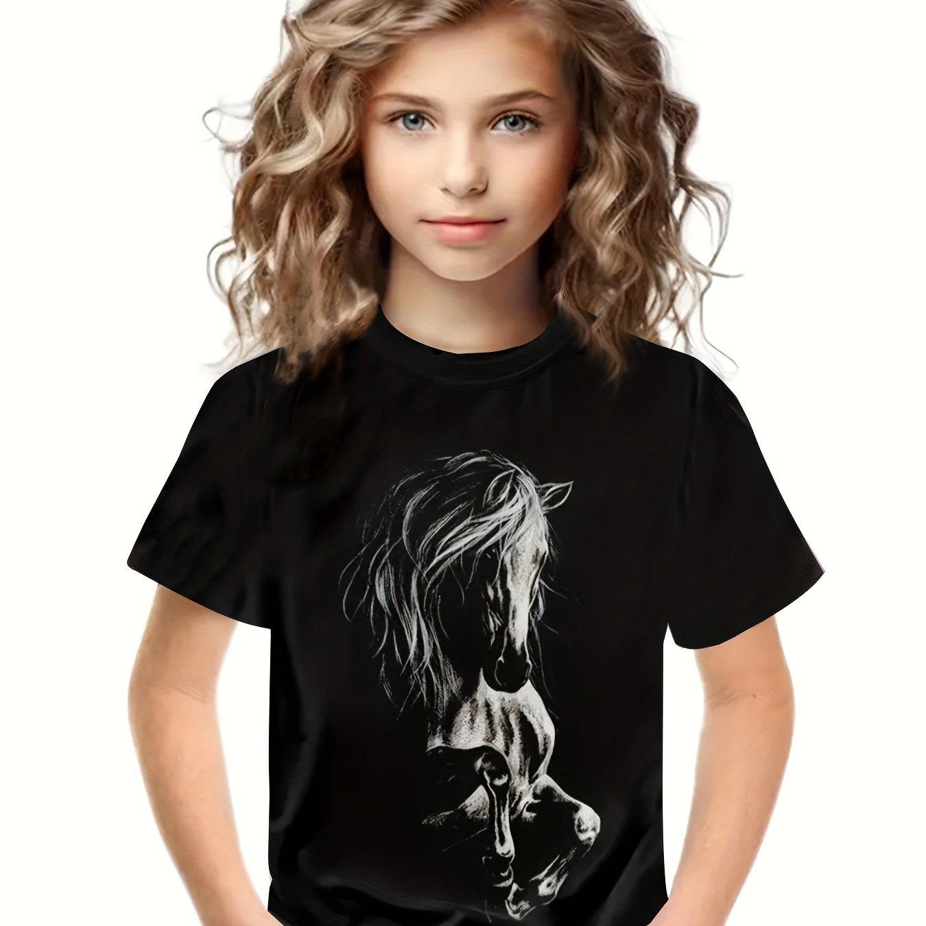 

Модная футболка с рисунком лошади в 3D для девочек, удобная детская одежда с коротким рукавом и круглым вырезом для девочек, летняя детская одежда для отдыха на природе 140