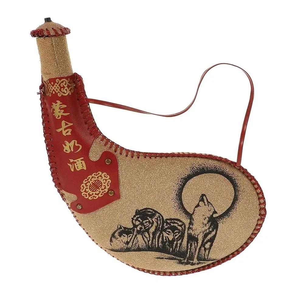Traditional Water Container with Strap Leather Wine Bottle Handmade Boat Wine Bag Mongolian Water Canteen Outdoor Drinks