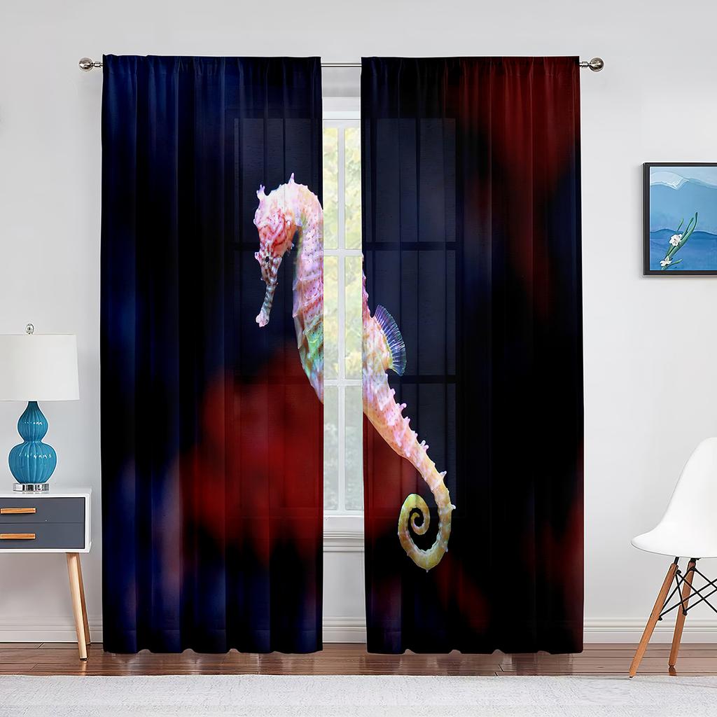 Ocean Seahorse Blue Sheer Voile Curtain Underwater Marine Life Window Tulle Curtains for Living Room Bedroom Kitchen Decoration
