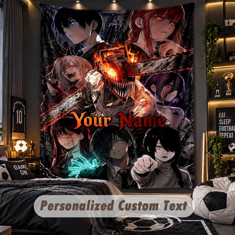 Personalized Wall Tapestry,Chainsaw Man Custom Printed Name, Fabric Wall Art For Indoor Room Backdrop
