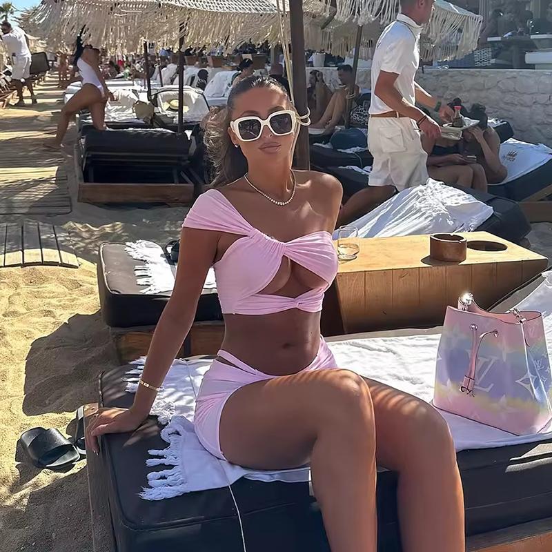 Sexy Ein Schulter Bikini Rock 3-teiliges Set Damen Einfarbig Geteilt Badeanzug Strand Neu Sommer Bademode Set