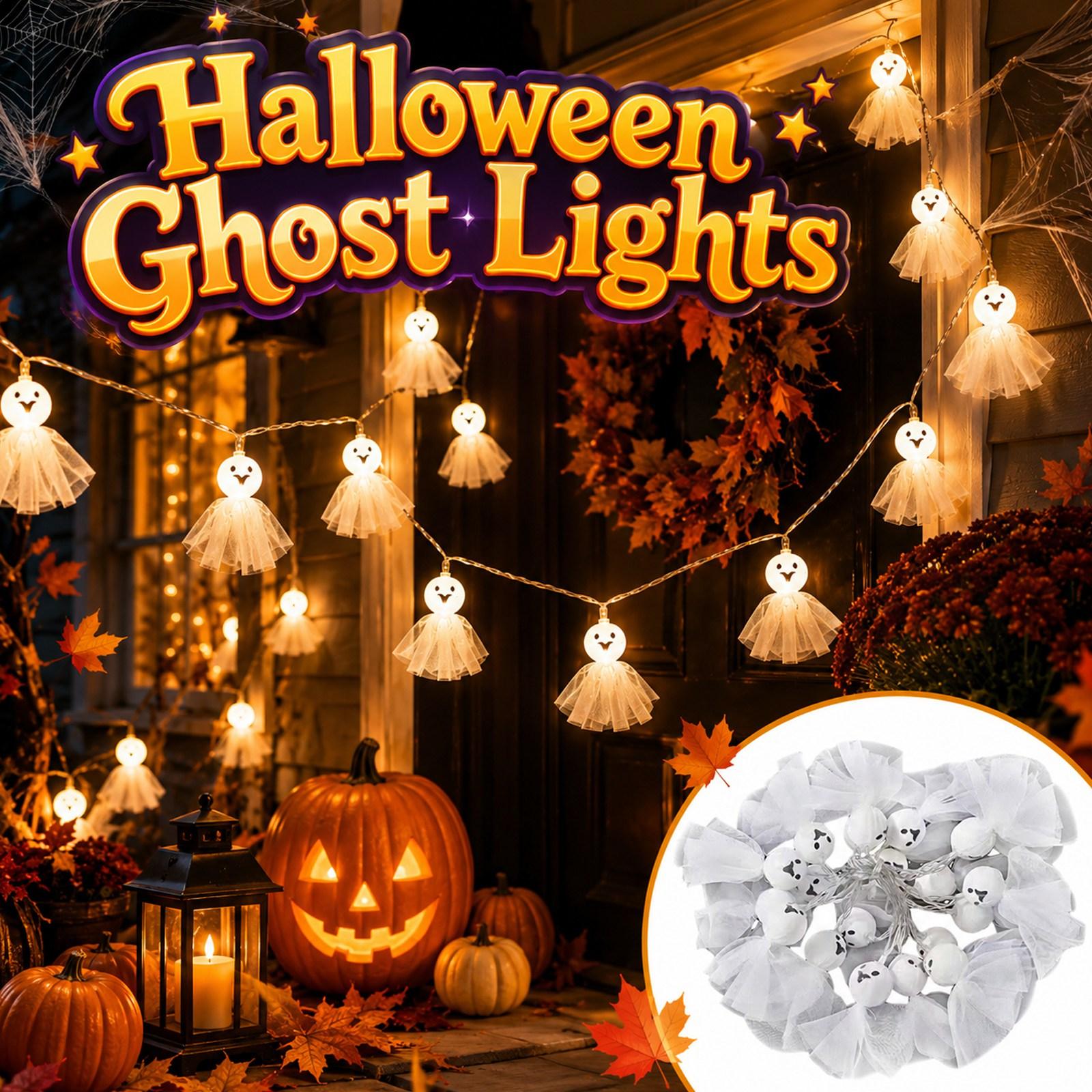 Ghost String Lights Halloween Decoration Indoor Outdoor Hanging Fabric Ghost Lights for Party Festival Ambiance Lighting One Size