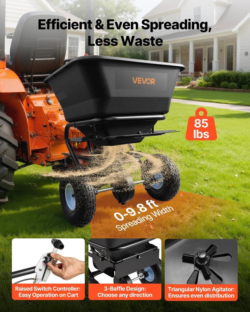 Tow Behind Lawn Spreader, 3m Spreading Width, Garden & Lawn Spreader with Universal Hitch, 38.6kg Capacity & 10 in All-Terrain Tires, Seed Fertilizer