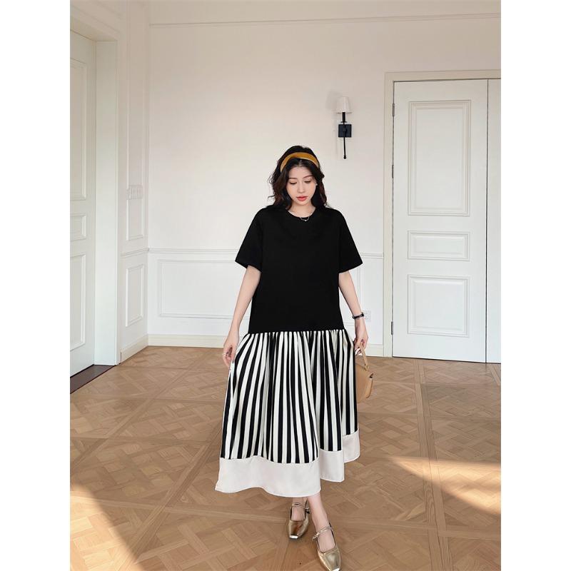 Dimanaf Women 2025 Summer Plus Size Casual Basic Short Sleeve Oversize Pleated Stripe Long Shirt Dress Loose Dress